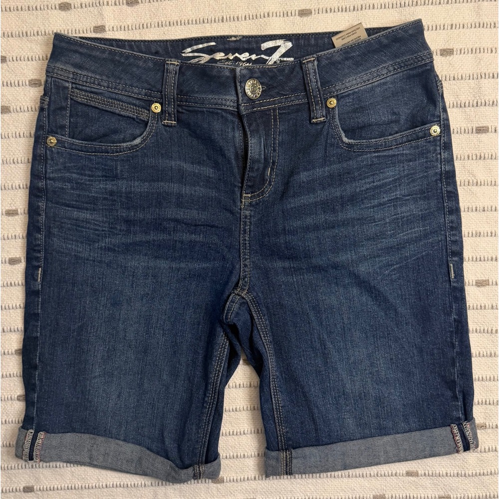 Seven7 Womens Dark Wash Denim Bermuda Shorts Cuffed Size 4 Mid Rise Stretch